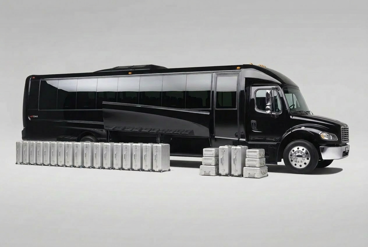 Motor coach curbside with luggage staged for loading