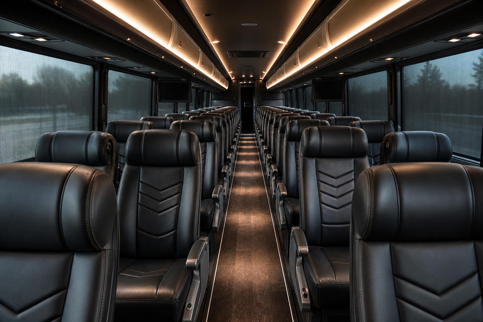 Motor coach cabin aisle view with rows of high-back seats