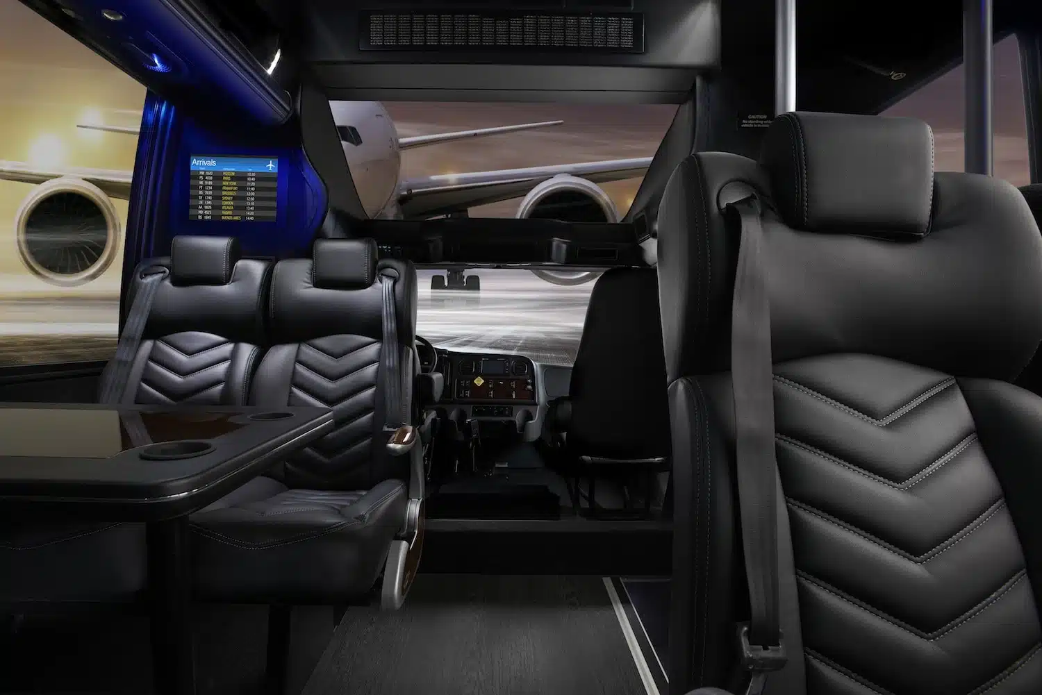 Mid coach front cabin with stitched seats and work table