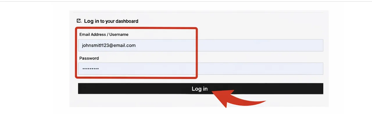 Log in screen showing Email Address / Username and Password fields with an arrow pointing to the Log in button.