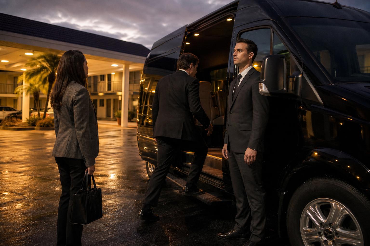 Group boarding an Executive Sprinter with chauffeur assisting