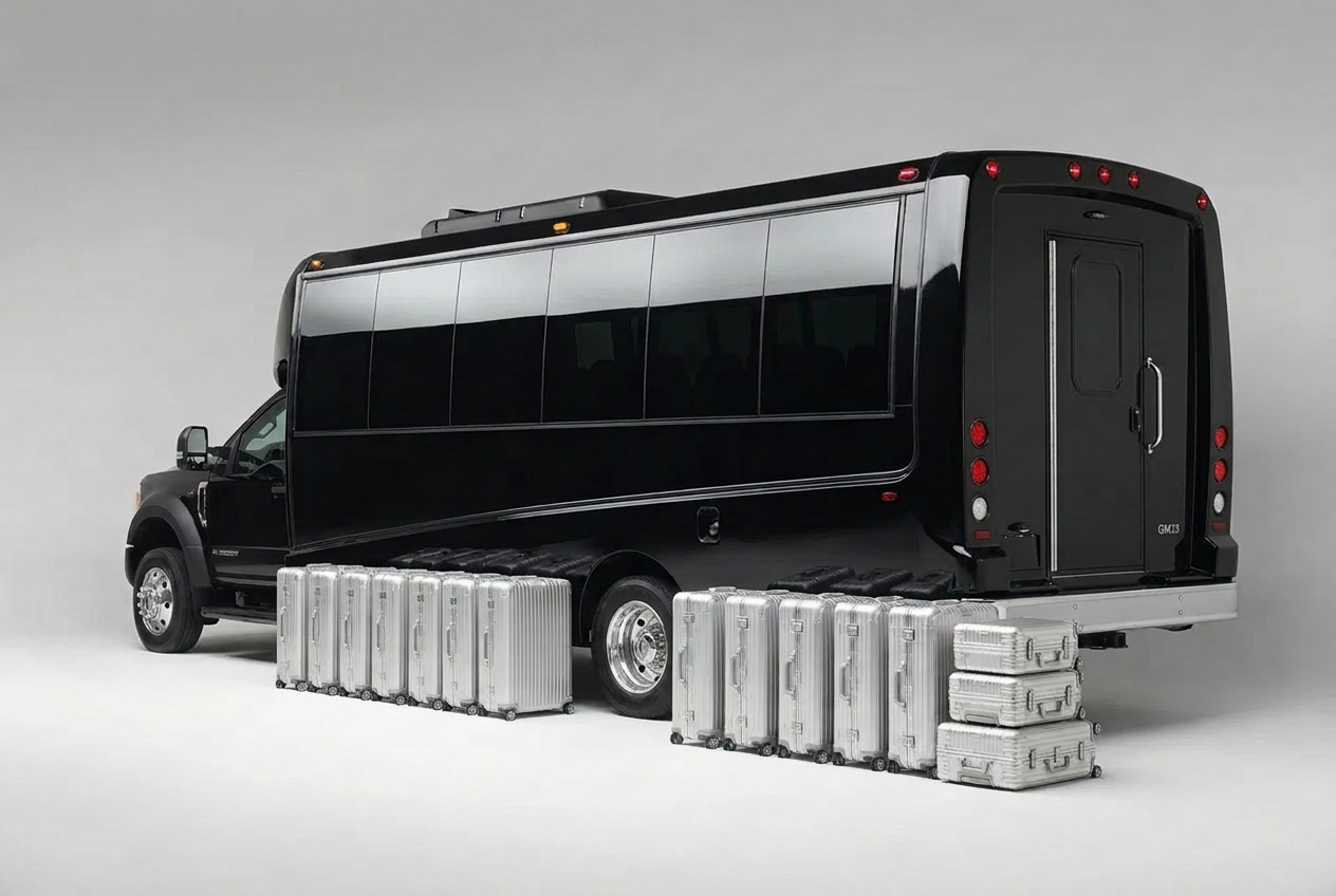Mini coach curbside with luggage staged for loading