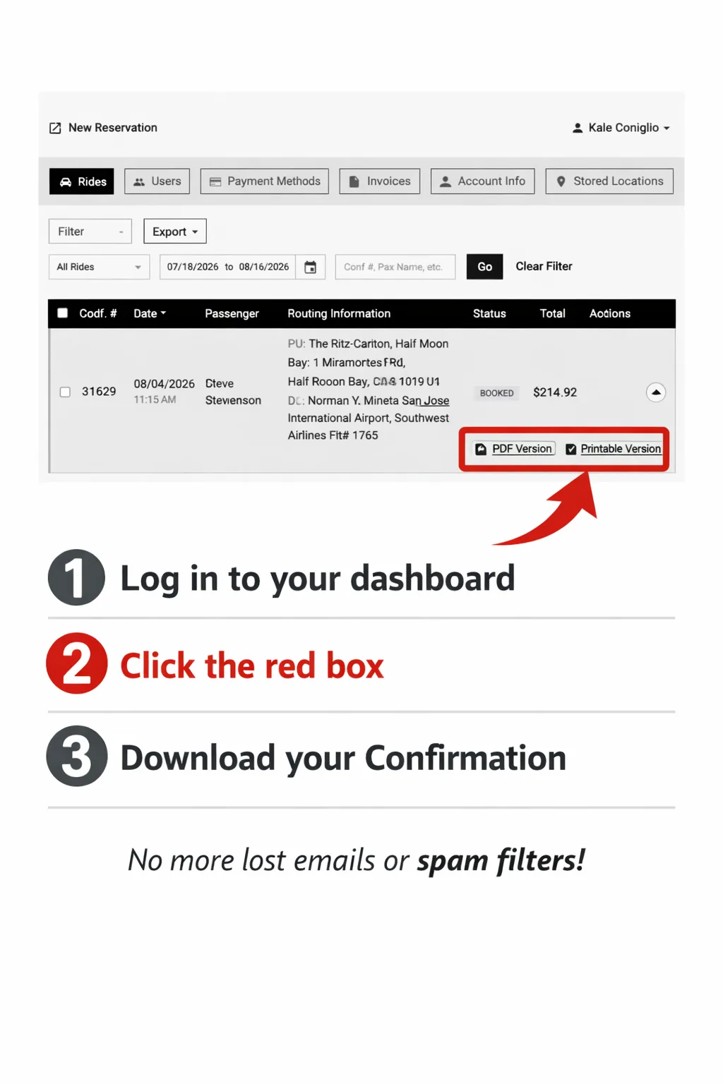 Dashboard screenshot showing PDF Version and Printable Version download buttons for a booked ride.