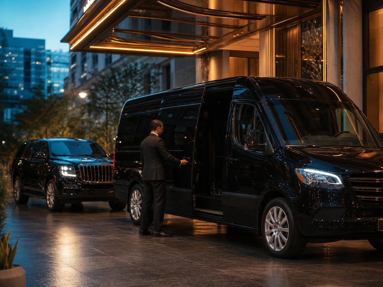 Curated fleet of chauffeured Sprinters staged for a major event