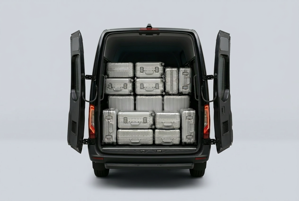 Sprinter rear cargo bay loaded with suitcases