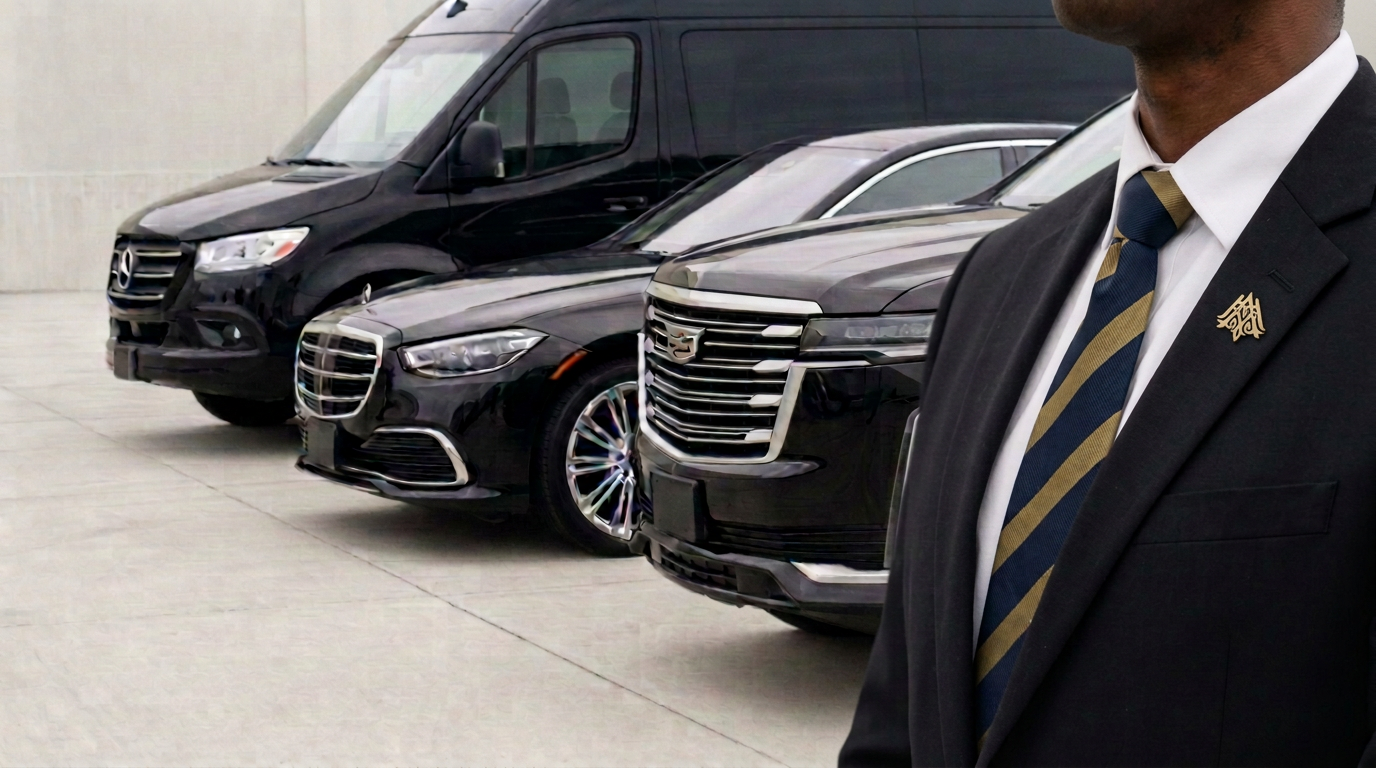 LAAC fleet lineup of black SUVs and Sprinters available for hourly chauffeur service in Alpharetta