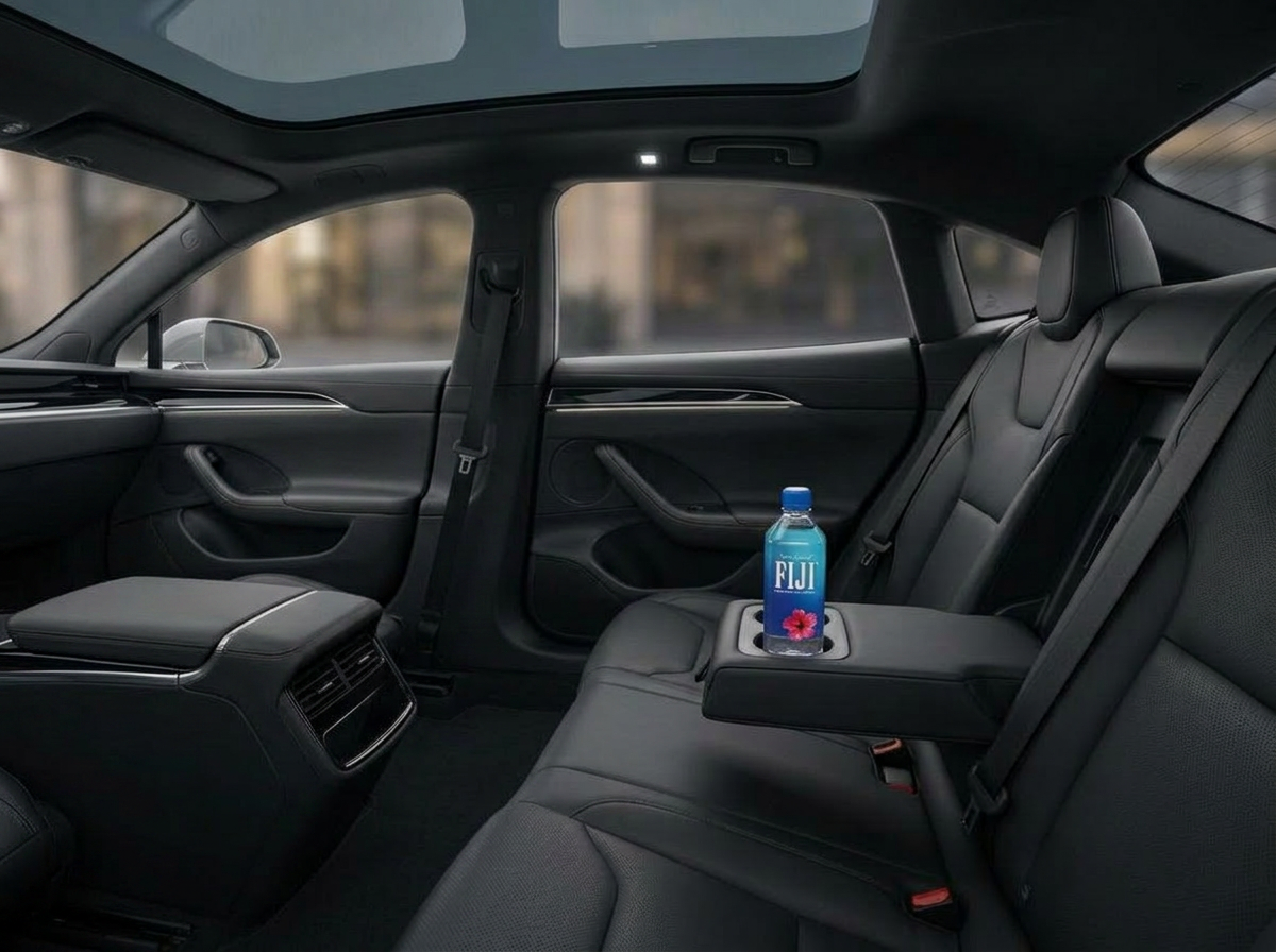 Electric sedan rear cabin with black leather and glass roof
