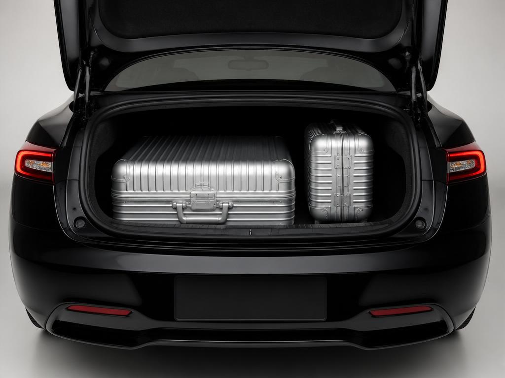 Open electric sedan trunk with two suitcases