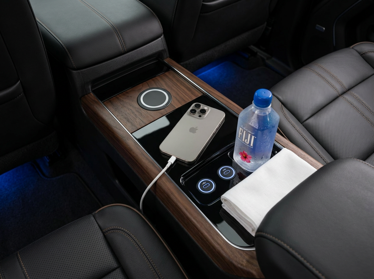Rear console with wireless charging and refreshments