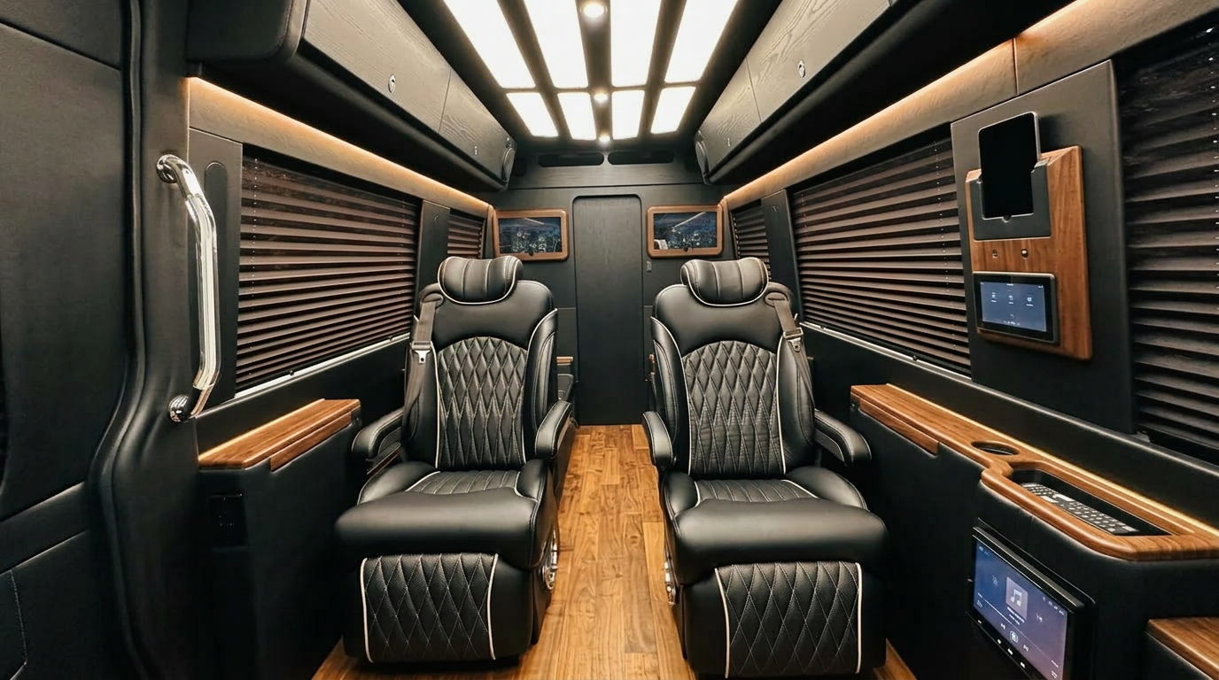 Executive all-black cabin with twin rear screens
