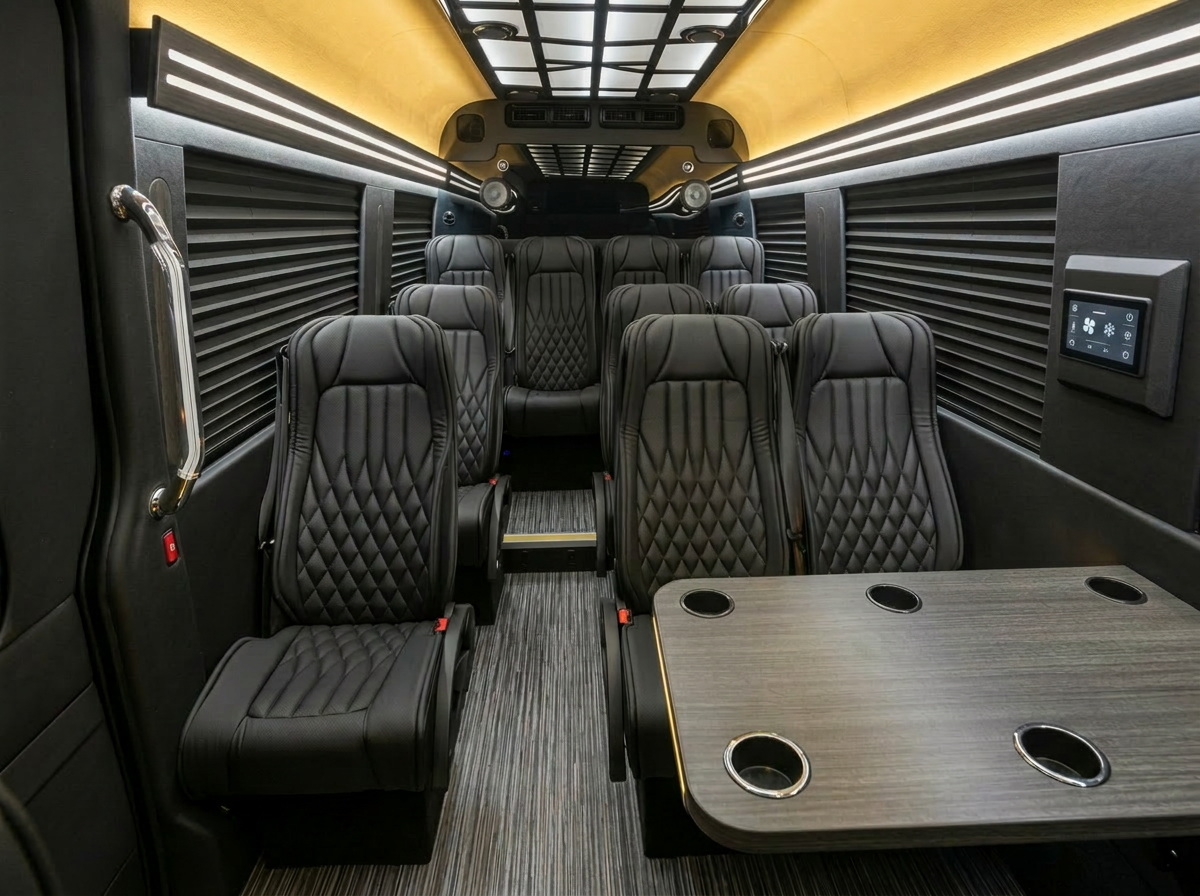 Stadium-tiered cabin with conference table and touchscreen