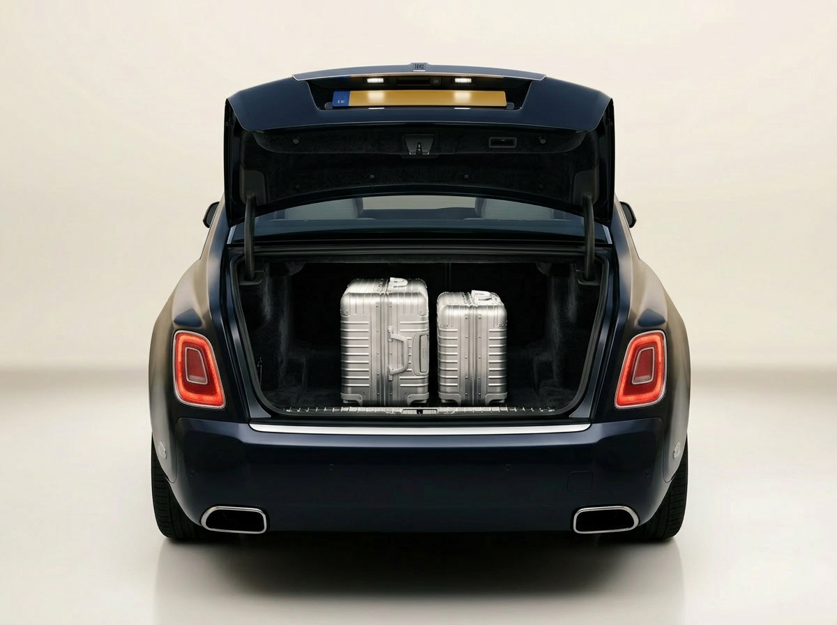 Open trunk loaded with two suitcases