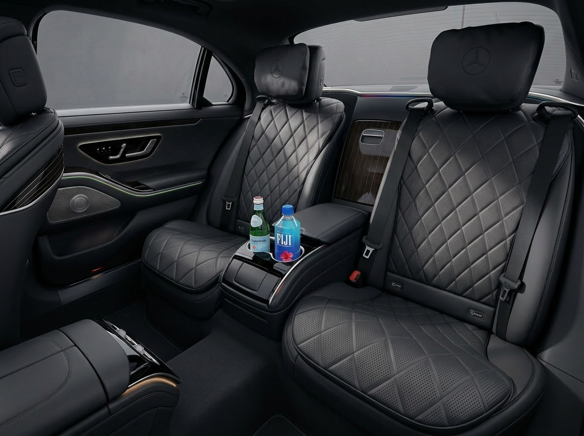 Flagship sedan rear cabin with quilted leather and twin rear screens