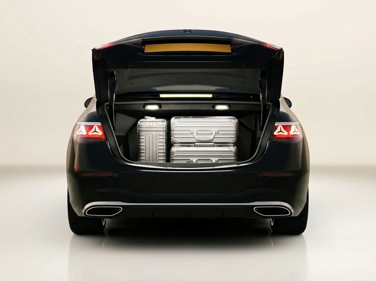 Open trunk loaded with three suitcases