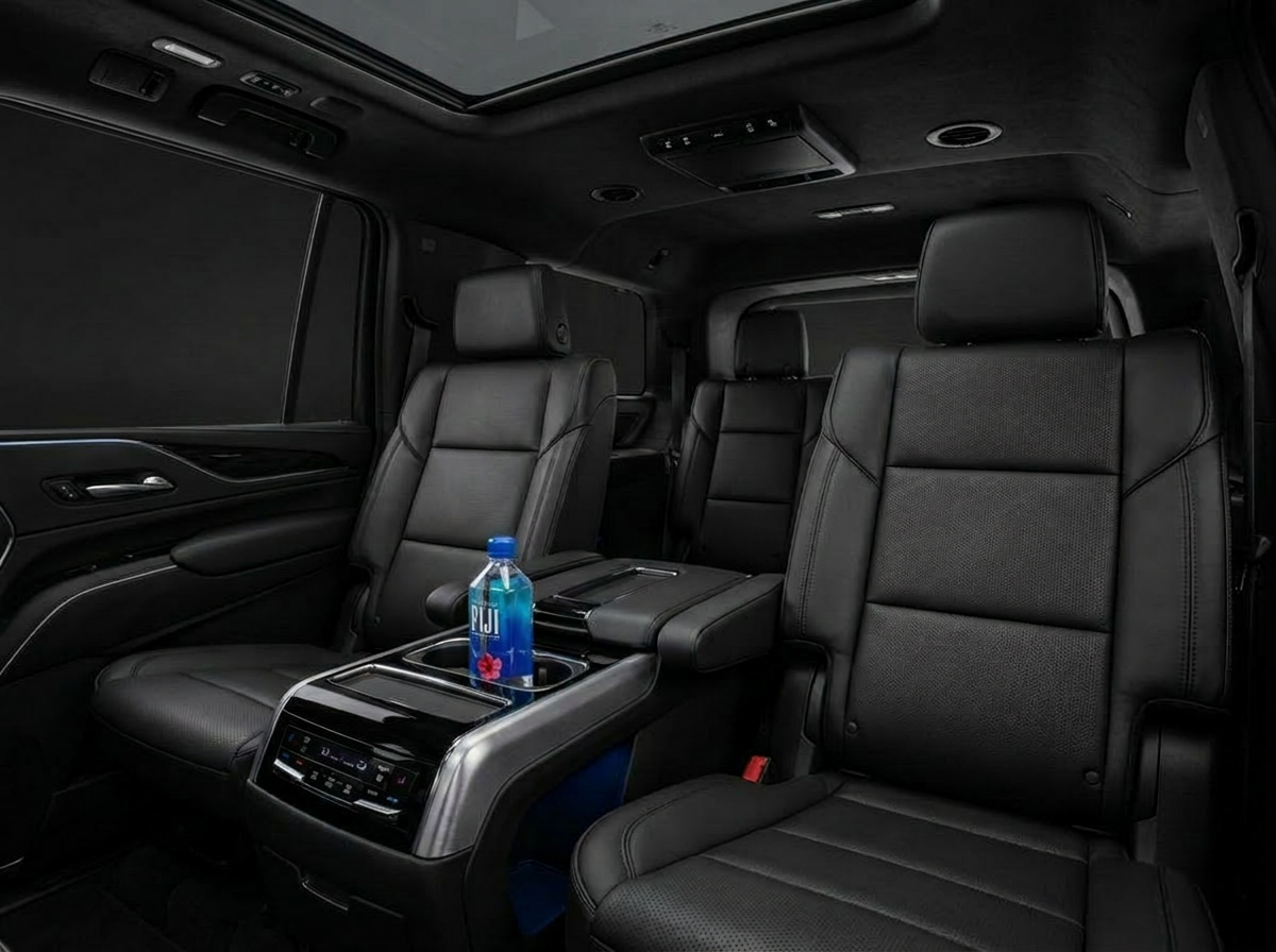 Executive rear cabin with black leather captain's chairs and ambient lighting