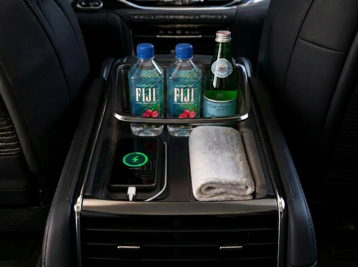 Rear console with refreshments and wireless charging
