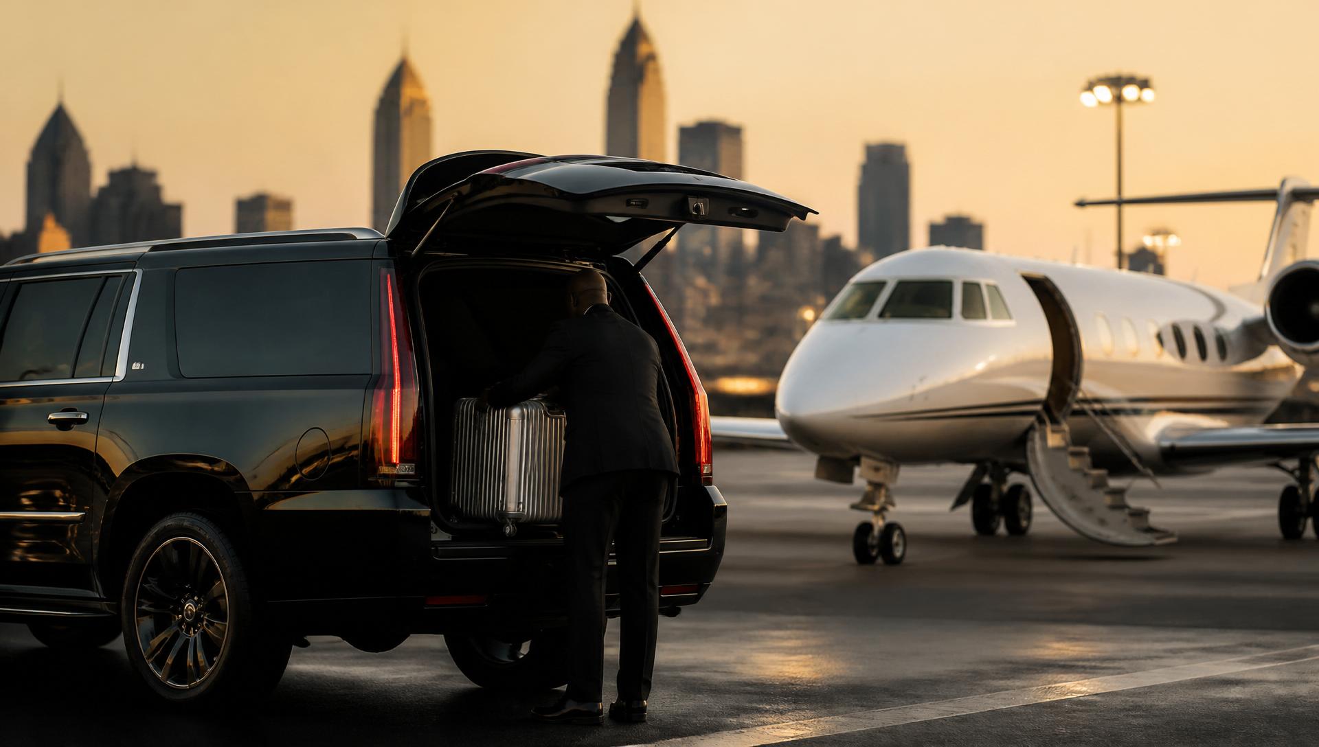 LAAC Car Service chauffeur loading luggage into a black SUV beside a private jet at DeKalb-Peachtree Airport with the Atlanta skyline behind