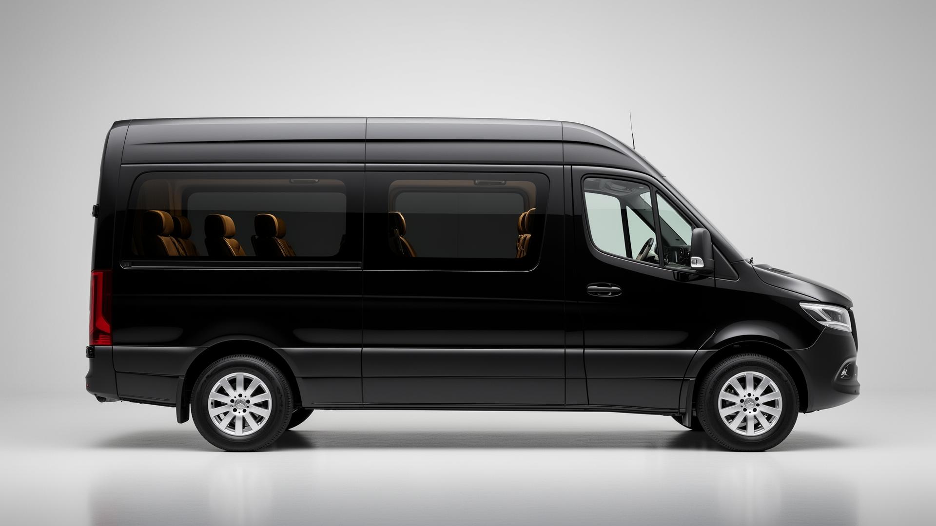 LAAC Executive Sprinter staged for a PS | The Private Suite transfer at LAX, beside a private jet on the airfield