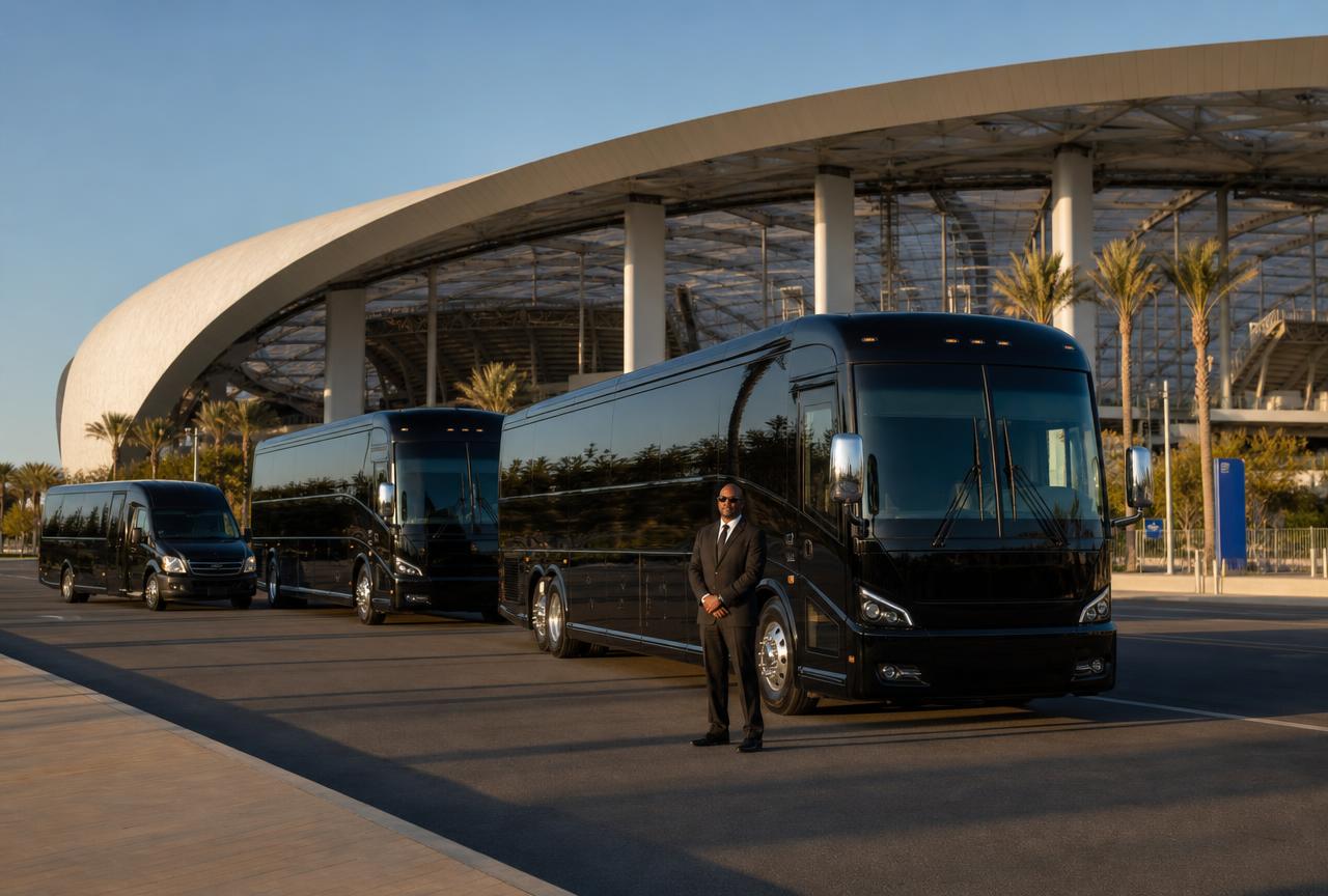 LAAC coaches staged for group transportation to Mercedes-Benz Stadium