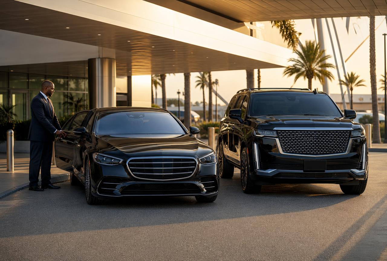 Sedan and SUV staged for limousine service outside a downtown Atlanta arena