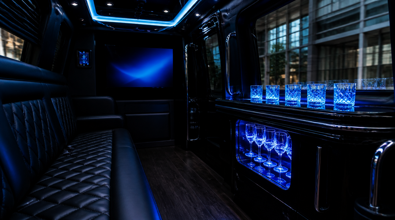Limo cabin with quilted J-bench and ambient cove lighting