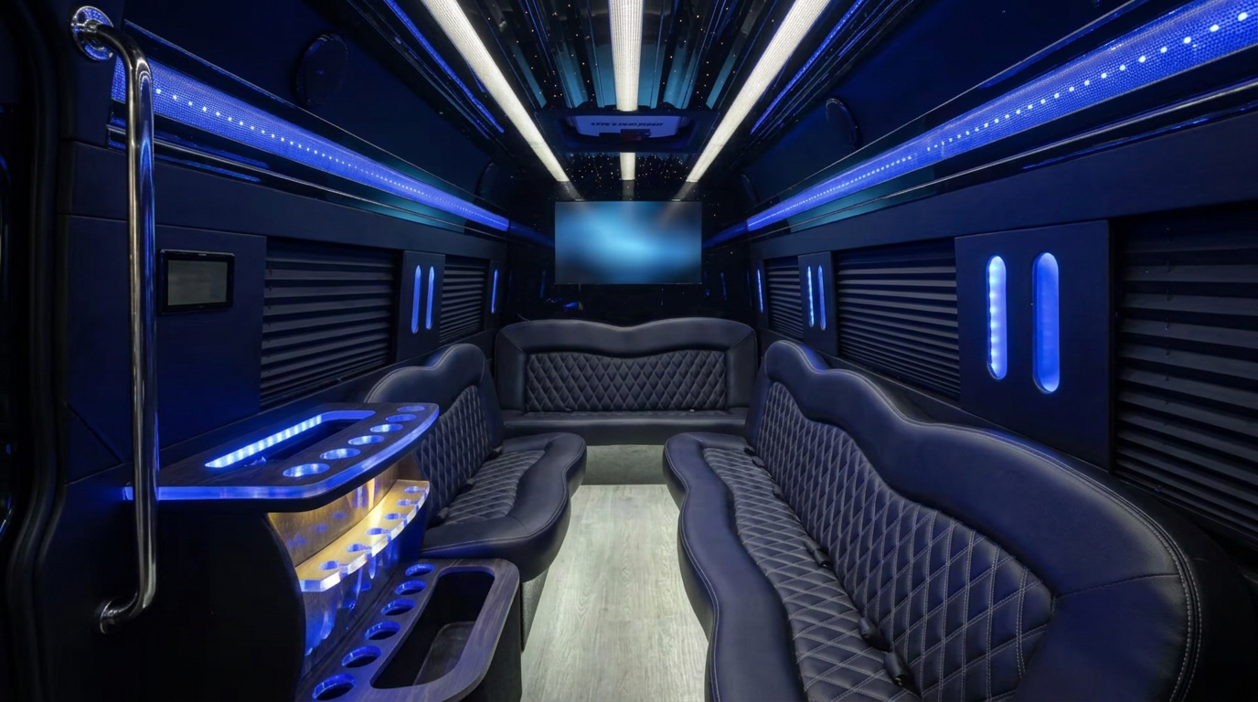 Wide lounge cabin with opposing benches and cupholder bar
